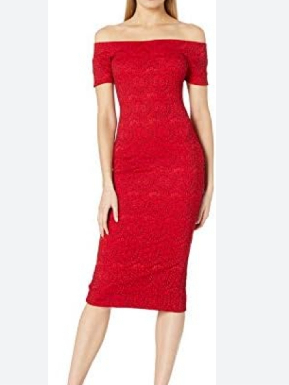 Dress The Population Jemma Red Lace Off The Shoulder Bodycon Midi Dress, Size M